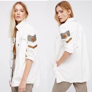 Free People White Denim Embellished Military Shirt Jacket